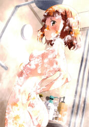 Rule 34 | 1girl, ass, blush, breasts, brown eyes, closed mouth, foam, freckles, indoors, izumi mahiru, janome erika (lycoris recoil), lycoris recoil, nude, red hair, short hair, shower (place), showering, small breasts, solo