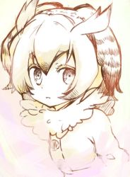 Rule 34 | 10s, 1girl, coat, commentary request, eurasian eagle owl (kemono friends), fur collar, fur trim, head wings, kemono friends, long sleeves, looking at viewer, monochrome, parted lips, short hair, solo, upper body, wings, yami (m31)