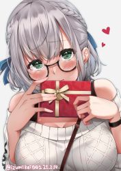 Rule 34 | 1girl, alternate costume, between breasts, blush, bow, box, braid, breasts, cleavage, gift, gift box, glasses, green eyes, hair between eyes, hair bow, heart, highres, hololive, hololive fantasy, izumi kei, large breasts, looking at viewer, ribbon, shirogane noel, shirogane noel (casual), short hair, silver hair, solo, strap, strap between breasts, sweater, twitter username, virtual youtuber, white background, wristband