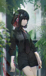 Rule 34 | 1girl, absurdres, against railing, black hair, black shirt, black shorts, blood, blood on arm, blood splatter, blouse, bob cut, breasts, choker, cigarette, collared shirt, colored inner hair, earrings, facing to the side, foliage, from side, hashimoto kokai, highres, jewelry, leaf, against railing, long sleeves, marlboro, medium breasts, multicolored hair, nature, necktie, original, piercing, plant, polka dot, railing, red hair, shirt, shirt tucked in, short hair, shorts, sleeves rolled up, smoke, smoking, tie clip, two-tone hair