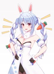 Rule 34 | 1girl, absurdres, animal ears, bare shoulders, braid, breasts, carrot, carrot hair ornament, cleavage, commentary request, don-chan (usada pekora), food-themed hair ornament, hair ornament, highres, hololive, looking at viewer, medium breasts, multicolored hair, okey, rabbit-shaped pupils, rabbit ears, red eyes, solo, symbol-shaped pupils, twin braids, two-tone hair, usada pekora, usada pekora (1st costume), virtual youtuber, white hair