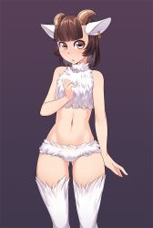 Rule 34 | 1girl, :o, animal ears, bare arms, bare shoulders, blunt bangs, brown hair, commentary, ear tag, english commentary, fur, gluteal fold, groin, hand on own chest, highres, horizontal pupils, horns, iwbitu, looking at viewer, navel, original, sheep ears, sheep girl, sheep horns, short hair, simple background, solo, stomach, teeth, upper teeth only, white fur