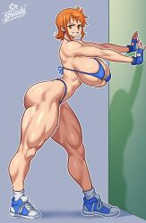 Rule 34 | 1girl, against wall, arms up, bikini, blue bikini, breasts, fingerless gloves, gloves, hand on wall, large breasts, leaning forward, looking at viewer, muscular, muscular female, nami (one piece), one piece, orange hair, shoes, short hair, sneakers, solo, srbready, swimsuit, thick thighs, thighs