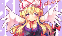Rule 34 | 1girl, :o, blonde hair, blowing kiss, blush, bow, breasts, cleavage, corset, dress, elbow gloves, gap (touhou), gloves, hair bow, half-closed eyes, hat, hat bow, heart, heart-shaped pupils, heart background, incoming kiss, kiss, long hair, looking at viewer, outstretched arms, purple eyes, ribbon, romaji text, silveroid, simple background, smile, solo, spread arms, striped, striped background, symbol-shaped pupils, touhou, white gloves, yakumo yukari