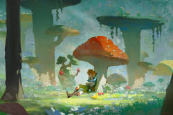 Rule 34 | 1boy, absurdres, apple, artist name, banana, bandaged arm, bandages, blonde hair, blue shirt, boots, brown footwear, closed eyes, closed mouth, commentary request, crossed arms, dappled sunlight, flower, food, forest, fruit, full body, giant mushroom, grass, hair between eyes, hestu, highres, korok, light rays, link, medium hair, mushroom, nature, nintendo, on ground, outdoors, pants, plant, pointy ears, ponytail, scenery, shade, shirt, short sleeves, sidelocks, signature, sitting, sunlight, sword, the legend of zelda, the legend of zelda: breath of the wild, tree, vines, weapon, white flower, white pants, zzz (orchid-dale)