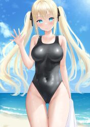Rule 34 | 1girl, beach, black one-piece swimsuit, blonde hair, blue eyes, blue sky, breasts, cloud, competition swimsuit, covered navel, cowboy shot, dated commentary, day, hair ribbon, highres, horizon, large breasts, long hair, ocean, one-piece swimsuit, original, outdoors, ribbon, sky, solo, standing, swimsuit, thigh gap, towel, twintails, waving, xiaowei