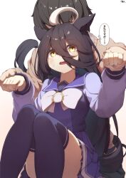 Rule 34 | 1boy, 1girl, absurdres, animal ears, artist logo, black hair, bow, brown sweater, commentary request, hair between eyes, hibiki (zerocodo), highres, holding another&#039;s arm, horse ears, horse girl, horse tail, knees up, long hair, long sleeves, manhattan cafe (umamusume), multicolored hair, open mouth, pleated skirt, purple serafuku, purple shirt, purple skirt, purple thighhighs, sailor collar, school uniform, serafuku, shirt, skirt, smile, speech bubble, streaked hair, sweater, tail, thighhighs, tracen school uniform, trainer (umamusume), translation request, umamusume, white bow, white hair, winter uniform, yellow eyes