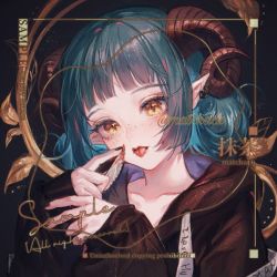 Rule 34 | 1girl, aqua hair, bad id, bad twitter id, black nails, blue hair, blunt bangs, commentary, commission, copyright request, elf, english text, highres, horns, leaf, long sleeves, looking at viewer, maccha (mochancc), nail polish, pointy ears, sample watermark, sheep horns, simple background, solo, tagme, tongue, tongue out, watermark, yellow eyes