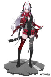 Rule 34 | 1girl, absurdres, bandaged leg, bandages, boots, breasts, cleavage, cleavage cutout, clothing cutout, dog tags, full body, highres, holding, holding sword, holding weapon, long hair, looking at viewer, lucia: crimson abyss (punishing: gray raven), mecha musume, one eye covered, punishing: gray raven, red eyes, red scarf, scarf, simple background, small breasts, standing, sword, thigh boots, thighhighs, weapon, white background, white hair, wsfw