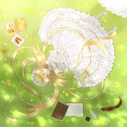 Rule 34 | 1girl, :3, bad id, bad pixiv id, bird, blonde hair, book, boots, cake, checkerboard cookie, cookie, dress, elbow gloves, closed eyes, female focus, food, frills, full body, gloves, gosick, green theme, happy, highres, long hair, lying, nature, bento, outdoors, saki hajime, sandwich, solo, squirrel, tsukisaki hito, very long hair, victorian, victorica de blois, white dress