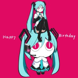 Rule 34 | 2girls, absurdres, aimaina, birthday, black footwear, black skirt, blue hair, blue necktie, boots, chibi, collared shirt, colored skin, cosplay, english text, hair between eyes, hatsune miku, hatsune miku (cosplay), headset, highres, long hair, looking ahead, looking at another, looking up, miniskirt, multiple girls, necktie, no eyebrows, no hands, no mouth, no nose, own hands together, pale skin, pink background, pink eyes, pinocchio-p, pleated skirt, shirt, sidelocks, simple background, sitting, sitting on person, skirt, sleeveless, sleeveless shirt, standing, suspenders, suspenders slip, thigh boots, twintails, very long hair, vocaloid, white shirt, white skin