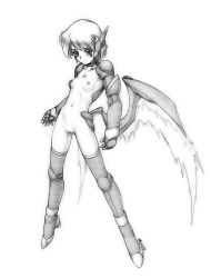 Rule 34 | 1girl, boots, breasts, censored, full body, gloves, greyscale, harumachi nagaaki, monochrome, original, pussy, small breasts, solo, thighhighs, wings