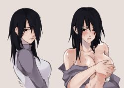 Rule 34 | 1girl, areola slip, black eyes, black hair, blush, boruto: naruto next generations, breasts, commentary, covering privates, covering breasts, cubur ns, earrings, english commentary, genderswap, genderswap (mtf), grey background, grey shirt, hair over one eye, jewelry, large breasts, long sleeves, looking at viewer, medium hair, multiple views, naruto (series), pale skin, shirt, simple background, sweat, uchiha sasuke, upper body
