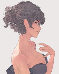 Rule 34 | 1girl, bare shoulders, breasts, cleavage, collarbone, earrings, elliemaplefox, fang, grey hair, hand up, highres, jewelry, large breasts, looking at viewer, original, profile, short hair, solo, tattoo, upper body, white eyes