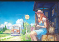 Rule 34 | 1girl, architecture, backpack, bag, blue dress, book, bus, bus stop, cloud, day, dirt road, dress, east asian architecture, expressionless, glasses, grass, hat, highres, letterboxed, long hair, motor vehicle, open book, orange hair, original, profile, reading, road, rural, short sleeves, sitting, sky, solo, telegraph lines, tori (qqqt), tree, vehicle