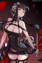 Rule 34 | 1girl, black dress, black gloves, black hair, black thighhighs, blush, breasts, cleavage, closed mouth, covered navel, cowboy shot, dagger, dress, dual wielding, earrings, fingerless gloves, floating hair, gloves, gold earrings, gold hairband, gradient background, hair ornament, hairband, holding, holding dagger, holding knife, holding weapon, hong (white spider), jewelry, knife, large breasts, long hair, multi-strapped dress, multiple straps, patreon username, petals, red eyes, sidelocks, signature, sleeveless, sleeveless dress, solo, spy x family, thighhighs, thighs, thorns, two-sided dress, two-sided fabric, weapon, yor briar