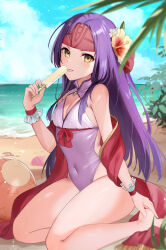 Rule 34 | 1girl, :p, alternate costume, bare legs, bare shoulders, barefoot, beach, blue sky, breasts, cleavage, cloud, commentary request, day, fire emblem, fire emblem: radiant dawn, flower, food, groin, hair flower, hair ornament, hand up, haru (nakajou-28), headband, highres, holding, holding food, long hair, looking at viewer, nintendo, one-piece swimsuit, outdoors, popsicle, purple hair, purple one-piece swimsuit, sanaki kirsch altina, seiza, shawl, sitting, sky, small breasts, solo, swimsuit, thighs, tongue, tongue out, very long hair, yellow eyes, yellow flower