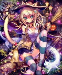 Rule 34 | 10s, 1girl, animal ears, artist request, bell, blonde hair, broom, cape, castle, cat, cat ears, cat tail, cygames, detached sleeves, ears through headwear, green eyes, hair ornament, hat, in tree, jack-o&#039;-lantern, lamppost, long hair, magic girl melvie, moon, official art, shadowverse, shingeki no bahamut, sitting, sitting in tree, skirt, smile, striped clothes, striped thighhighs, tail, thighhighs, tree, witch hat