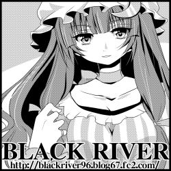 Rule 34 | 1girl, breasts, female focus, greyscale, hat, long hair, looking at viewer, monochrome, patchouli knowledge, quro, quro (black river), smile, solo, touhou