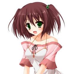 Rule 34 | 1girl, :d, bare shoulders, black ribbon, blush, breasts, brown hair, casual, collarbone, green eyes, hair between eyes, hair bobbles, hair ornament, halterneck, kurumi (suien), open mouth, original, ribbon, short sleeves, simple background, small breasts, smile, solo, spaghetti strap, suien, twintails, two side up, upper body, white background