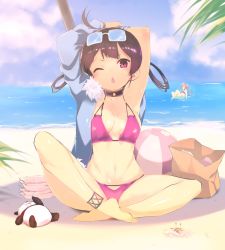 Rule 34 | 1girl, 2c=galore, armpits, arms up, azur lane, bad id, bad twitter id, bag, ball, barefoot, beach, beachball, bikini, black hair, breasts, chestnut mouth, cloud, day, eyewear on head, full body, highres, horizon, indian style, long hair, looking at viewer, ning hai (azur lane), ning hai (summer hunger) (azur lane), ocean, one eye closed, outdoors, panda, paper bag, ping hai (azur lane), ping hai (summer vacation) (azur lane), pink bikini, plantar flexion, purple eyes, sitting, small breasts, solo, stretching, swimsuit, twintails