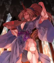 Rule 34 | 1girl, arm at side, biceps, blonde hair, blue kimono, blue scrunchie, blurry, blurry background, breasts, cave, center opening, cleavage, commentary request, cup, fingernails, flexing, floating hair, grin, hand up, high ponytail, highres, holding, holding cup, horns, hoshiguma yuugi, hoshiguma yuugi (kimono), japanese clothes, kimono, large breasts, leg up, long fingernails, long hair, long sleeves, looking down, muscular, muscular female, nail polish, ponytail, purple sash, red eyes, red horns, red nails, sakazuki, sash, scrunchie, sharp fingernails, sidelocks, single horn, smile, smug, solo, star (symbol), sunnysideup, touhou, v-shaped eyebrows, very long hair, water, waterfall, wide sleeves