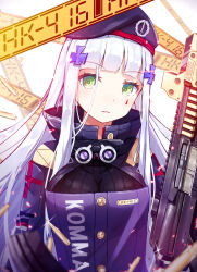 Rule 34 | 1girl, assault rifle, blush, breasts, girls&#039; frontline, green eyes, gun, h&amp;k hk416, heckler &amp; koch, highres, hk416 (girls&#039; frontline), holding, holding gun, holding weapon, large breasts, long hair, looking at viewer, military, parted lips, pot-palm, rifle, solo, upper body, weapon, white hair