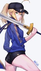 Rule 34 | ahoge, artoria pendragon (fate), ass, baseball cap, black hat, black shorts, blonde hair, blue jacket, blue scarf, closed mouth, excalibur (fate/stay night), fate/grand order, fate (series), green eyes, hat, highres, himitsucalibur (fate), holding, holding sword, holding weapon, jacket, long hair, long sleeves, looking at viewer, looking back, mysterious heroine x (fate), ponytail, scarf, shiny skin, shorts, smile, solo focus, standing, sword, weapon, white background, you06