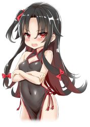 Rule 34 | 10s, 1girl, black dress, black hair, blush, bow, breasts, china dress, chinese clothes, cleavage, cleavage cutout, clothing cutout, covered navel, cowboy shot, crossed arms, dress, fang, hair bow, looking at viewer, one side up, open mouth, pelvic curtain, red eyes, ryuuou no oshigoto!, side slit, sidelocks, simple background, small breasts, solo, unname, white background, yashajin ai