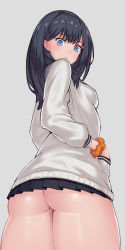 Rule 34 | 10s, 1girl, arm scrunchie, ass, black hair, black skirt, blue eyes, blush, breasts, cardigan, closed mouth, cowboy shot, female focus, from below, gridman universe, hand in pocket, long hair, looking at viewer, looking back, looking down, mahou kyuuri, medium breasts, no panties, pleated skirt, shiny skin, simple background, skirt, solo, ssss.gridman, standing, takarada rikka, thick thighs, thighs