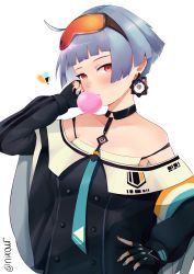 Rule 34 | 1girl, absurdres, ahoge, blue hair, blunt bangs, blush, blowing bubbles, buttons, chewing gum, choker, double-breasted, earrings, eyewear on head, fingerless gloves, girls&#039; frontline, gloves, goggles, goggles on head, hand on own head, hand on own hip, hand to own head, heart, highres, jewelry, long sleeves, looking at viewer, nail polish, necktie, nixour, off shoulder, orange eyes, orange goggles, parted lips, short hair, simple background, single earring, skindentation, twitter username, white background, wide sleeves, zas m21 (girls&#039; frontline)