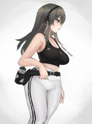 Rule 34 | + +, 1girl, breasts, closed mouth, fanbox, girls&#039; frontline, green hair, hairband, highres, large breasts, long hair, looking away, min-tami, pants, solo, sports bra, sportswear, standing, sweat, ump40 (girls&#039; frontline), white background, white pants