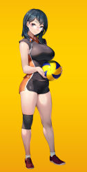 Rule 34 | 1girl, ball, black eyes, black hair, breasts, closed mouth, coon, dolphin shorts, full body, glasses, haikyuu!!, highres, holding, holding ball, knee pads, looking at viewer, medium breasts, mole, mole under mouth, red footwear, rimless eyewear, shimizu kiyoko, shirt, shorts, single knee pad, smile, solo, sportswear, standing, volleyball, volleyball (object), volleyball uniform, yellow background