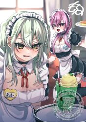 2girls alternate_costume apron breasts candy cleavage collarbone enmaided food frilled_apron frills green_eyes green_hair heaven_burns_red highres kurozawa_maki large_breasts lollipop long_hair maid maid_apron maid_headdress matsuoka_chiroru multiple_girls pink_hair sidelocks siromochino twintails waitress yellow_eyes