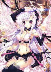 Rule 34 | 1girl, absurdres, angel wings, arms up, black thighhighs, breasts, cleavage, copyright request, criss-cross halter, detached sleeves, garter straps, halterneck, halterneck, highres, large breasts, long hair, mitha, pink hair, skirt, solo, thighhighs, white hair, white wings, wings