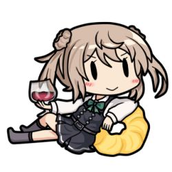 Rule 34 | 1girl, 90mm single high-angle gun mount, ascot, bamomon, black socks, blonde hair, blush, chibi, cup, double bun, doughnut, dress, drinking glass, food, french cruller, hair bun, kantai collection, kneehighs, lowres, michishio (kancolle), open mouth, pinafore dress, remodel (kantai collection), short twintails, sleeveless dress, smile, socks, solid oval eyes, solo, twintails, wine glass