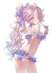 Rule 34 | 1girl, absurdres, ass, bikini, blue bikini, blue eyes, blue nails, blue ribbon, bow, breasts, commentary, frilled swimsuit, frills, hair bow, highres, large breasts, leon v, long hair, looking at viewer, looking back, multicolored hair, nail polish, original, ponytail, purple bow, revision, ribbon, short eyebrows, solo, standing, swimsuit, symbol-only commentary, thick eyebrows, underboob, white background