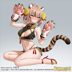 Rule 34 | 1girl, ahoge, animal ear fluff, animal ears, animal hands, ass, bare legs, bare shoulders, bikini, black bikini, blush, breasts, brown hair, cleavage, cleavage cutout, closed mouth, clothing cutout, colored tips, copyright name, embarrassed, fang, fang out, floral print, flower, full body, gloves, gradient background, grey background, hair between eyes, hair flower, hair ornament, high heels, kohanayuki, large breasts, looking at viewer, medium hair, multicolored hair, navel, official art, on floor, orange eyes, original, paw gloves, pelvic curtain, red footwear, sandals, simple background, sitting, skindentation, slit pupils, solo, stomach, striped tail, swimsuit, tail, tiger ears, tiger girl, tiger tail, toes, watermark, yellow flower