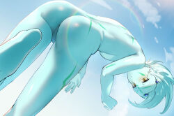 Rule 34 | 1boy, 2022, ass, ass focus, astral (yu-gi-oh!), blue skin, blush, body markings, bodypaint, colored skin, from behind, grey eyes, heterochromia, highres, kurage444, looking back, looking down, male focus, no visible genitalia, puffy chest, sky, solo, tagme, trap, yellow eyes, yu-gi-oh!, yu-gi-oh! zexal