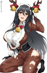Rule 34 | 1girl, animal costume, antlers, bell, black footwear, black gloves, black hair, brown eyes, chamumi (mochiumee), chikuma (kancolle), collared shirt, commentary request, dress shirt, fake antlers, gloves, highres, horns, kantai collection, kneeling, long hair, reindeer antlers, reindeer costume, shirt, simple background, smile, solo, torn clothes, twitter username, white background, white shirt