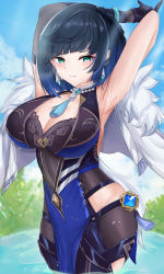 Rule 34 | 1girl, absurdres, armpits, arms behind head, arms up, asymmetrical gloves, bare shoulders, black hair, blue dress, blue hair, blue sky, blush, bob cut, breasts, cleavage, cleavage cutout, clothing cutout, diagonal bangs, dice, dress, earrings, fur-trimmed jacket, fur trim, genshin impact, gloves, green eyes, highres, jacket, jacket on shoulders, jewelry, kuro (blackpgmickey), large breasts, looking at viewer, mismatched gloves, mole, mole on breast, multicolored hair, neck ring, pelvic curtain, pendant, short hair, sky, smile, solo, tassel, thighs, two-tone hair, vision (genshin impact), wading, water, wet, wet clothes, white jacket, yelan (genshin impact)