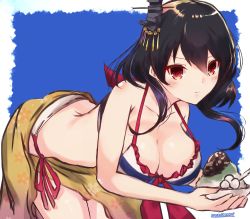 Rule 34 | 1girl, alternate costume, bare shoulders, bikini, black hair, blue background, breasts, cleavage, collarbone, food, frilled bikini, frills, hair between eyes, hair ornament, highres, holding, holding food, kantai collection, large breasts, looking at viewer, momimaki, outside border, red eyes, shaved ice, short hair, side-tie bikini bottom, simple background, solo, swimsuit, yamashiro (kancolle)