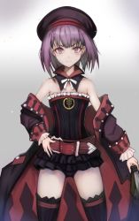 Rule 34 | 1girl, akira (aristole), bare shoulders, belt, beret, book, detached collar, fate/grand order, fate (series), hand on own hip, hat, helena blavatsky (fate), helena blavatsky (third ascension) (fate), long coat, off shoulder, purple eyes, purple hair, smile, solo, thighhighs