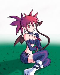 Rule 34 | 00s, 1girl, black gloves, black thighhighs, boots, bracelet, breasts, choker, cleavage, demon, disgaea, earrings, elbow gloves, etna (disgaea), female focus, full body, gloves, gradient background, head tilt, jewelry, looking at viewer, makai senki disgaea, multiple girls, navel, outdoors, pointy ears, red eyes, red hair, simple background, sitting, small breasts, smile, solo, stomach, tail, thighhighs, twintails, white background, wings, yokozuwari