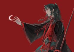 Rule 34 | 1boy, black hair, black robe, crescent moon, expressionless, fate/samurai remnant, fate (series), hair tubes, highres, long hair, moon, outstretched arm, red background, red eyes, robe, simple background, solo, tagme, upper body, yug (yu g), zheng chenggong (fate)