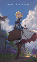 Rule 34 | 1girl, absurdres, bingwei, blonde hair, blue eyes, boots, braid, cross-laced footwear, dated, dress, french braid, hair intakes, high heel boots, high heels, highres, lace-up boots, scenery, smile, solo, umbrella, violet evergarden, violet evergarden (series)