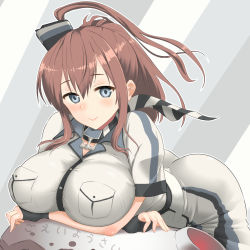 Rule 34 | 10s, 1girl, bent over, black neckerchief, blue eyes, breast pocket, breast rest, breasts, brown hair, dress, floating fortress (kancolle), kantai collection, kuronaga, large breasts, long hair, looking at viewer, neckerchief, pocket, ponytail, remodel (kantai collection), saratoga (kancolle), side ponytail, solo, striped neckerchief, striped neckwear, upper body, white dress
