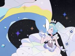 Rule 34 | 1girl, 1other, aurorus, black background, blue hair, blush, closed eyes, commentary, creatures (company), diamond hairband, dress, forehead-to-forehead, game freak, gen 6 pokemon, gloves, hatsune miku, heads together, highres, holding, holding wand, klarogiraffe, layered dress, looking at another, multicolored hair, nintendo, parted lips, pokemon, pokemon (creature), project voltage, rock miku (project voltage), simple background, smile, sparkle, symbol-only commentary, twitter sparkles, two-tone hair, vocaloid, wand, white dress, white gloves, white hair