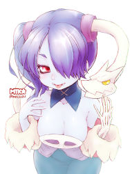 Rule 34 | 1girl, alternate breast size, blue hair, blue skin, breasts, cleavage, collarbone, colored skin, detached collar, detached sleeves, dress, exposed bone, from above, hair over one eye, highres, large breasts, leviathan (skullgirls), mtk hoshi, red eyes, side ponytail, skeleton, skullgirls, smile, squigly (skullgirls), stitched mouth, stitches, striped, tongue, tongue out, white background, yellow eyes, zombie