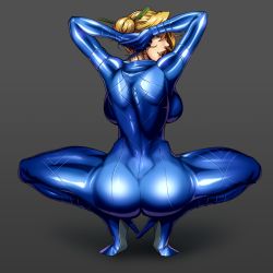 Rule 34 | 10s, 1girl, aozoraichi, aqua eyes, arms behind head, arms up, ass, back, backboob, blonde hair, blue eyes, bodysuit, breasts, cleavage, full body, grey background, hair bun, hair ornament, hairpin, high heels, highres, huge ass, large breasts, long hair, looking at viewer, looking back, nancy lee, narrow waist, naughty face, ninja slayer, single hair bun, skin tight, smile, solo, squatting, thick thighs, thighs, tongue, tongue out, wide hips